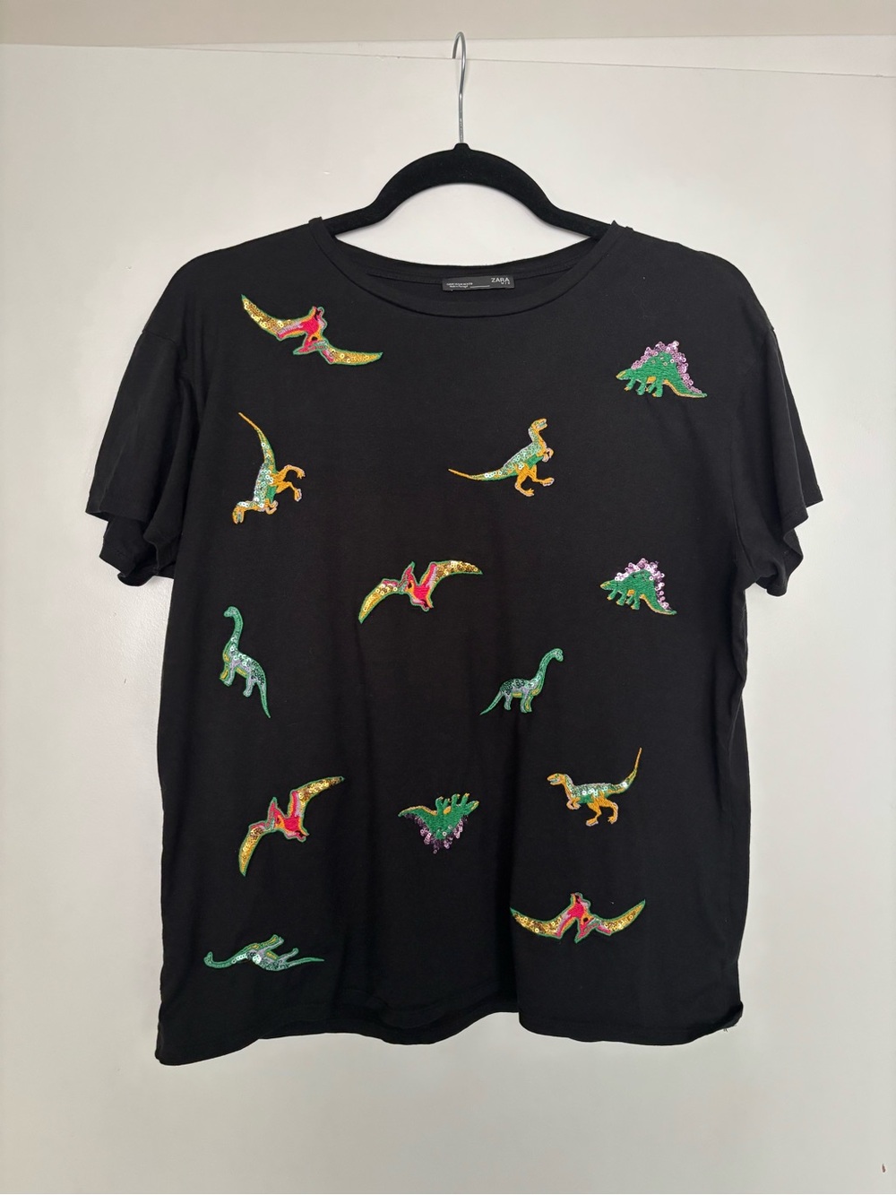 Zara Black Short-Sleeve Tee with Colorful Dino Appliqués